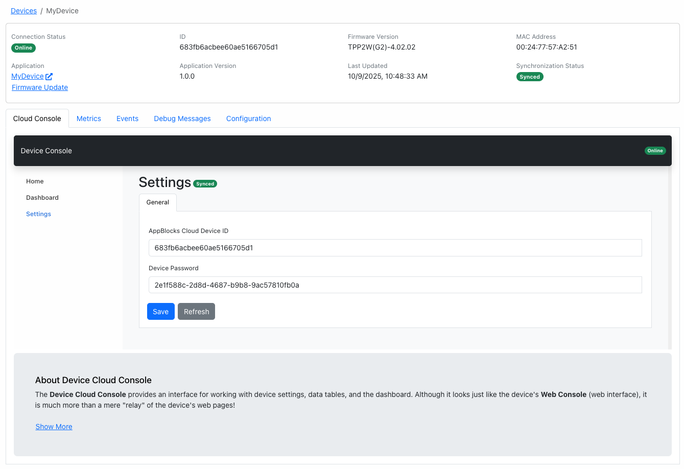 Editing device settings from AppBlocks Cloud