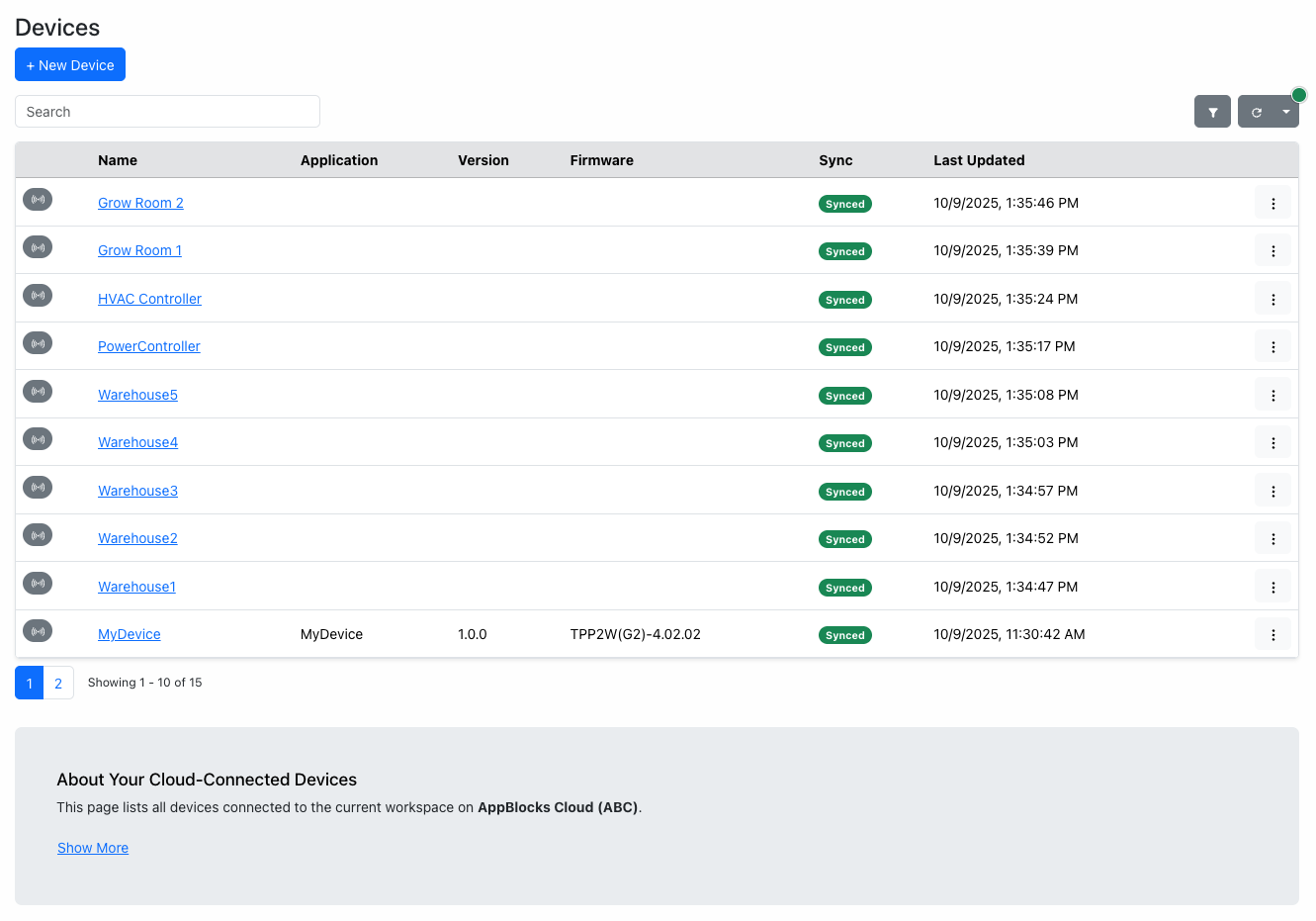 The AppBlocks Cloud device list
