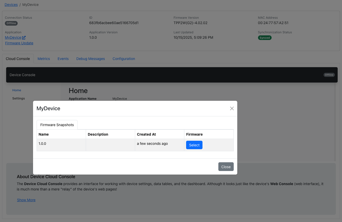 Selecting a firmware snapshot for a device in AppBlocks Cloud