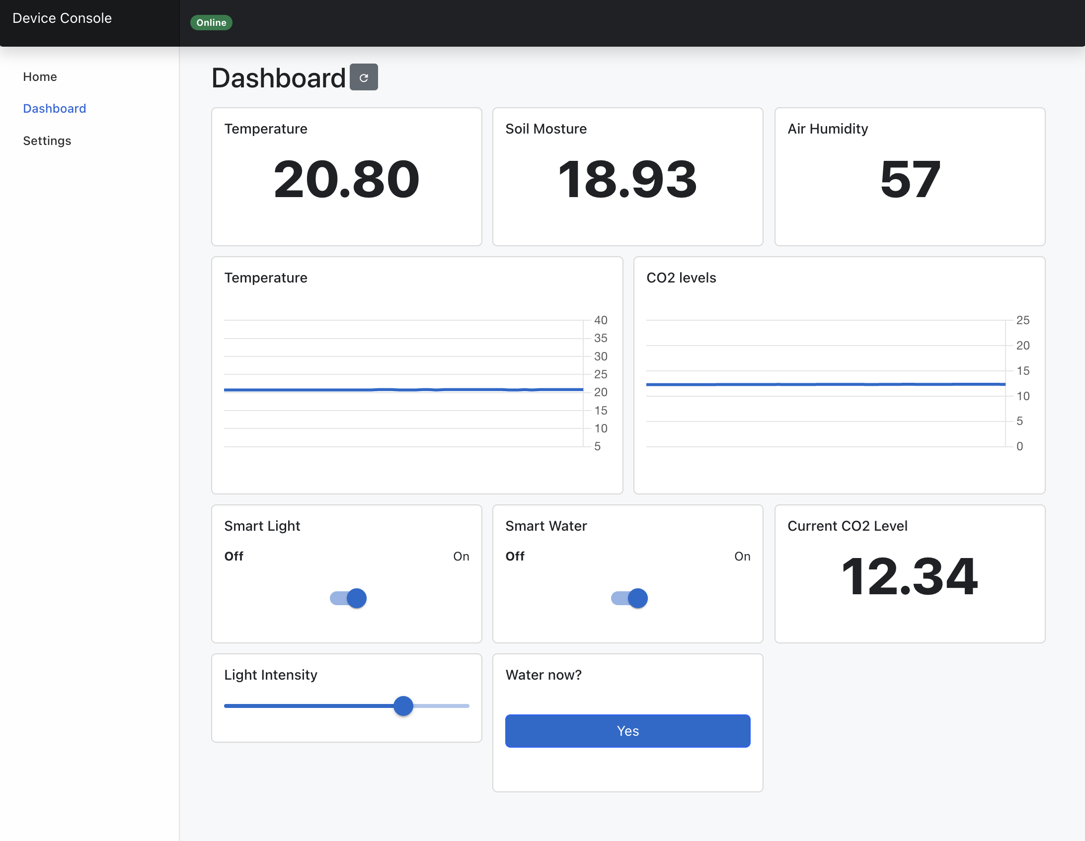 A device Web Console dashboard with gauges, charts, switches, and a slider