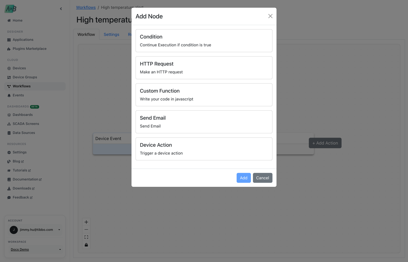 Adding a node to a workflow