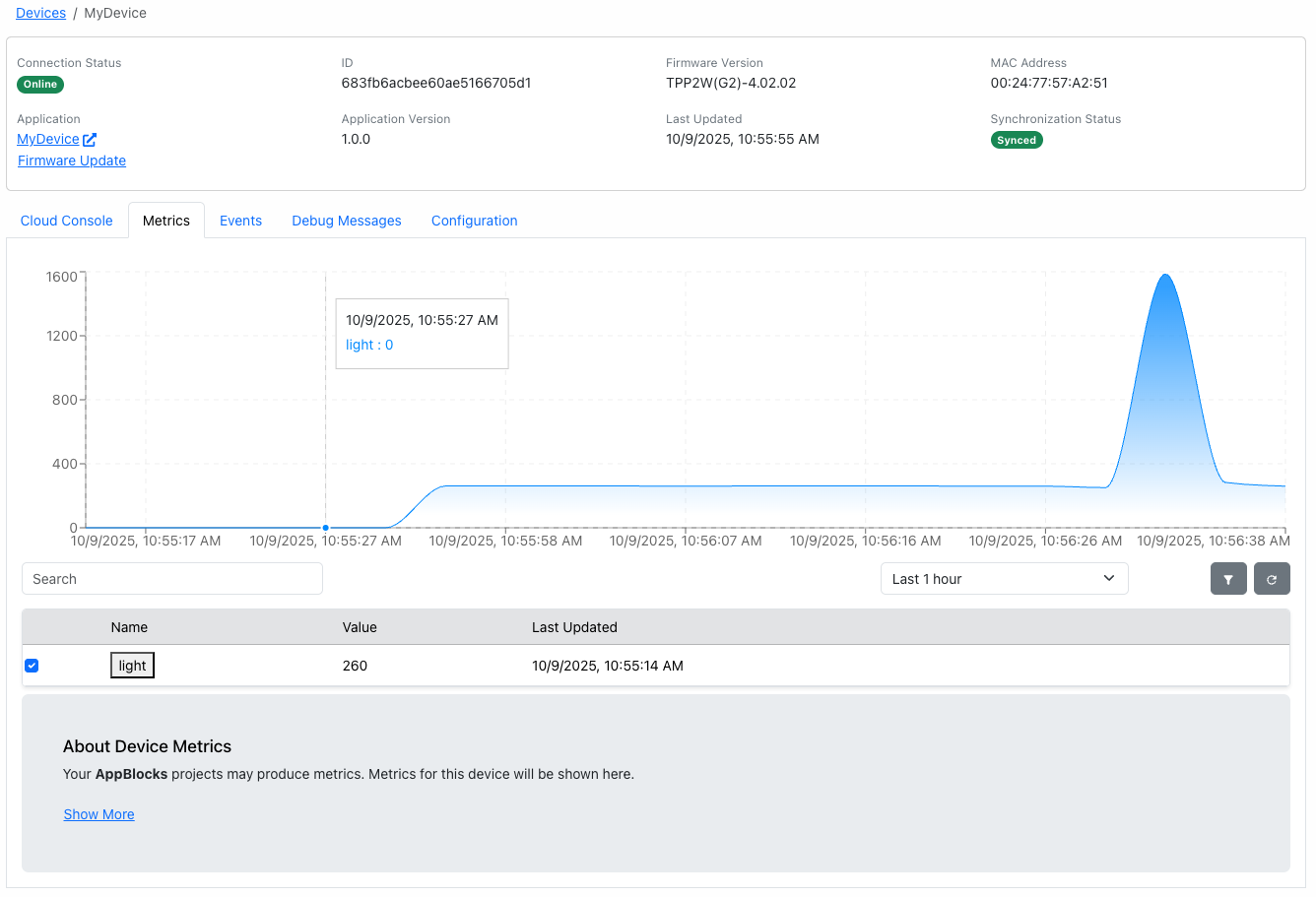 Device metrics charted in AppBlocks Cloud